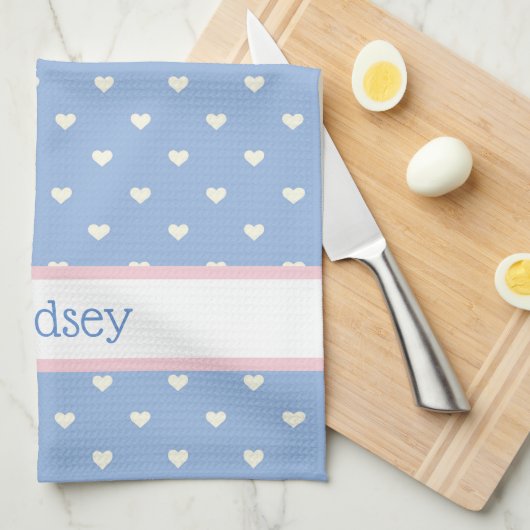 Pastel blauw met witte harten gepersonaliseerd theedoek (Quarter Fold)