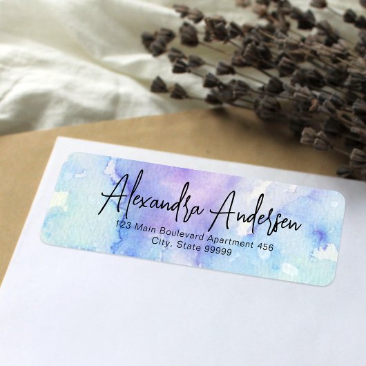 Pastel Blauw Paars Waterverf Modern Schrift Label