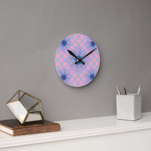 Pastel Blauw Paarse Bloemmotief Esthetische Naadlo Ronde Klok