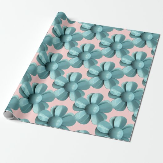 Pastel Blauw Retro Daisy MOD Bloem Bruiloft Roze Cadeaupapier (Uitgerold)