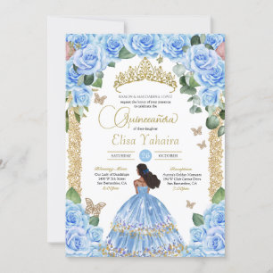 Pastel blauw Roos & gouden vlinder quinceañera Kaart