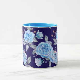 Pastel blauw roos patroon, marine achtergrond, mok
