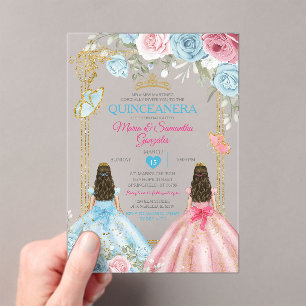 Pastel Blauw Roze Vlinder Bloemen Goud Quinceañera Acryl Uitnodigingen