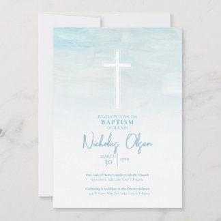 Pastel Blauw Waterverf Baby Boy Baptism Invitation Kaart