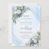 Pastel Blauw Wit Zilver Rozen bruiloft Kaart (Voorkant)