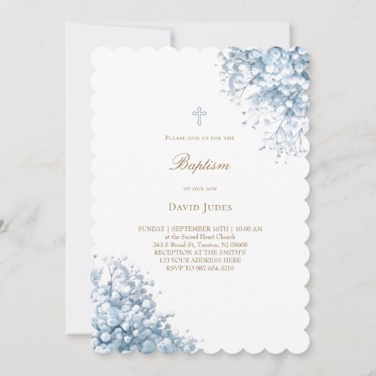 pastel blauwe baby's adem bloemen doop kaart (Voorkant)