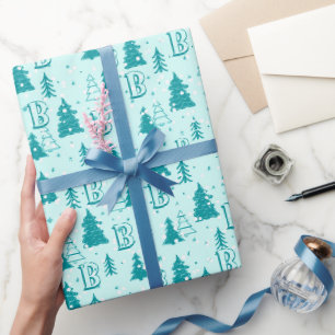 Pastel Blauwe Kerstboom Aangepast monogram Elegant Cadeaupapier