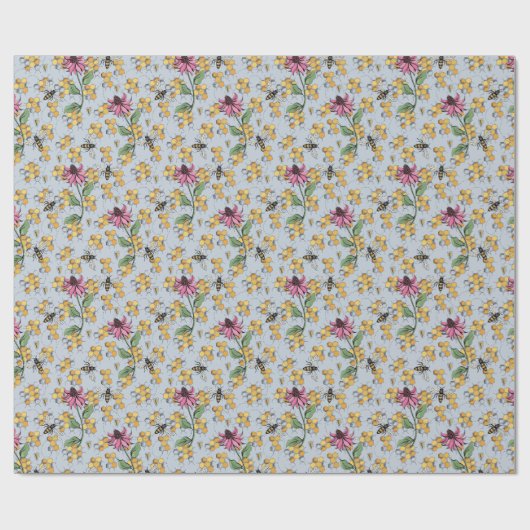 Pastel Blauwe Koningin Bijen, Honingraat & Exotisc Cadeaupapier (Vlak)