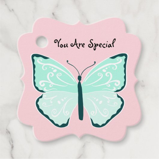 Pastel Blauwe Vlinders op Lichtroze Bedankjes Labels (Voorkant)