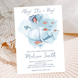 Pastel Blauwe Walvis Ahoy Onder de Zee Baby Shower Kaart