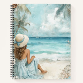 PASTEL BLAUWE WATERVERF MEISJE OP STRAND TAFEREEL NOTITIEBOEK