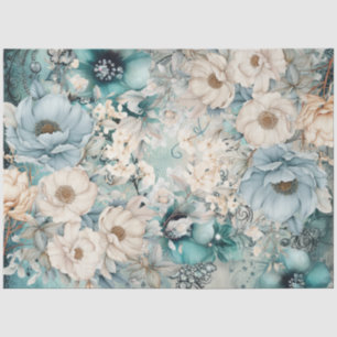 Pastel Blauwgroen & Blauwe Waterverf Bloemen Tissu Tissuepapier
