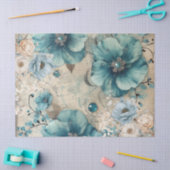 Pastel Blauwgroen & Blauwe Waterverf Bloemen Tissu Tissuepapier (Craft)