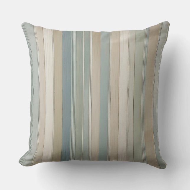 Pastel Blauwgroen Sage Beige Cream Stripe Kussen (Voorkant)