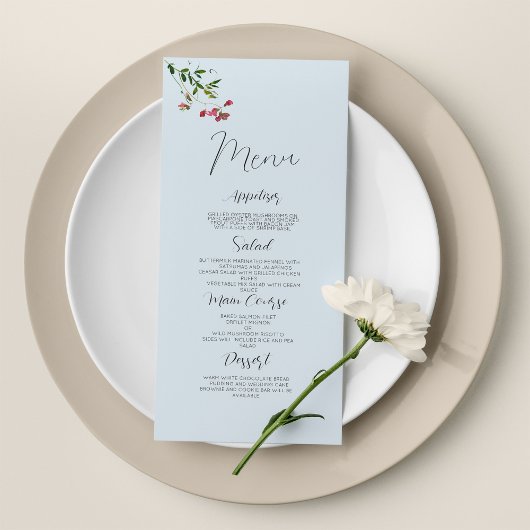 Pastel bleu rose rouge vert fleurs Menu de mariage