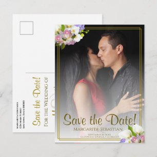 Pastel Bloem Gouden Frame Huwelijk Bewaar de Datum Briefkaart