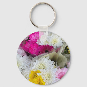 Pastel Bloem Roze, Gele & Witte Chrysanthemum Sleutelhanger