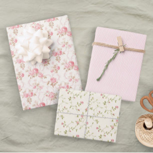 Pastel Bloem Roze Rozen Strepen Elegante Bruids- Inpakpapier Vel