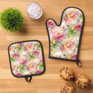 Pastel Bloemen Alcohol Inkt Illustratie Ovenwant & Pannenlap Set