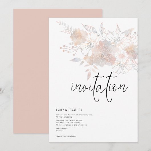 Pastel Bloemen Blush Peach Grijs Bruiloft Kaart (Voorkant / Achterkant)