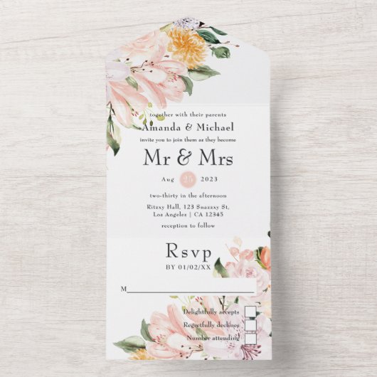 Pastel Bloemen Bruiloft All In One Uitnodiging (Binnen)
