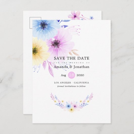 Pastel Bloemen Bruiloft Save the Date Aankondigingskaart (Voorkant / Achterkant)