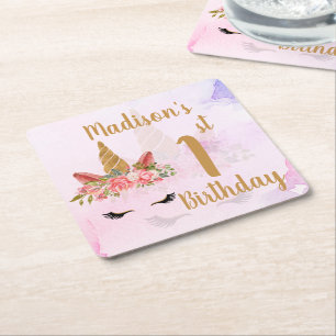 Pastel Bloemen Eenhoorn Verjaardagsfeest Vierkante Kartonnen Onderzetter