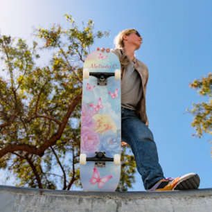 Pastel Bloemen & Roze Vlinders Regenboog Wolken Skateboard