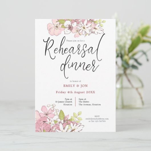Pastel Bloemen Script bruiloft repetitie diner Kaart (Staand voorkant)
