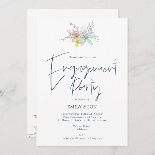 Pastel Bloemen Stijlvolle Script Engagement Party Kaart (Voorkant / Achterkant)