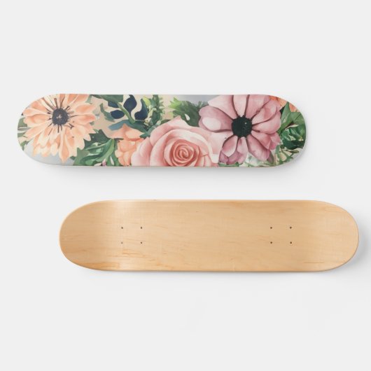 Pastel Bloemen Waterverf Krans Roze Roos Skateboard (Horizontaal)