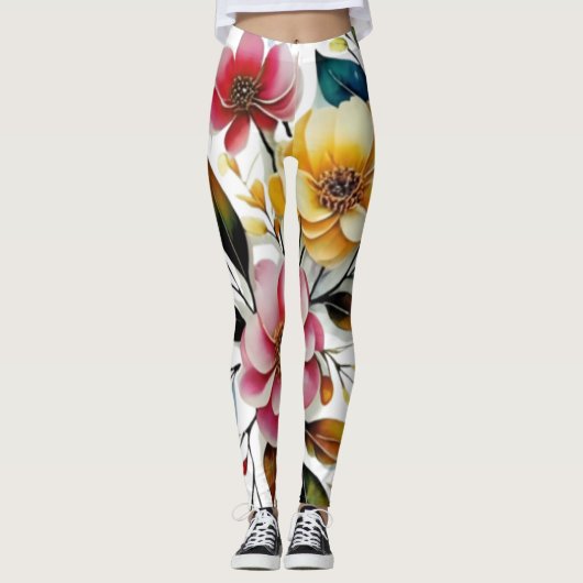 Pastel bloemenroze gele kunst vector leggings (Voorkant)