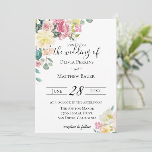 Pastel bloementuin bruiloft uitnodiging (Staand voorkant)