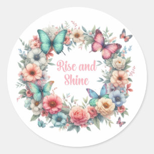 Pastel bloemenvlinders stijgen en glanzen ronde sticker