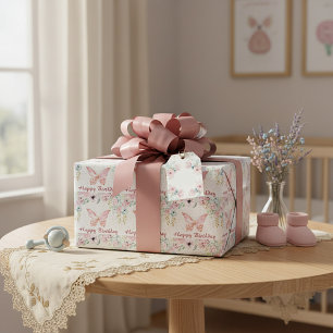 Pastel bloemige en vlinder baby verjaardag cadeaupapier