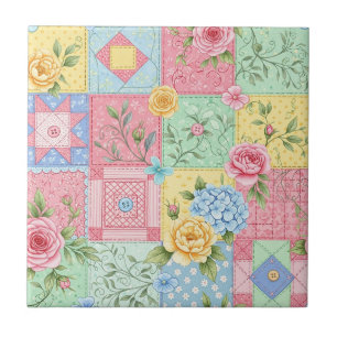 Pastel Bloemige Patchwork Picknick Patroon (10) Tegeltje