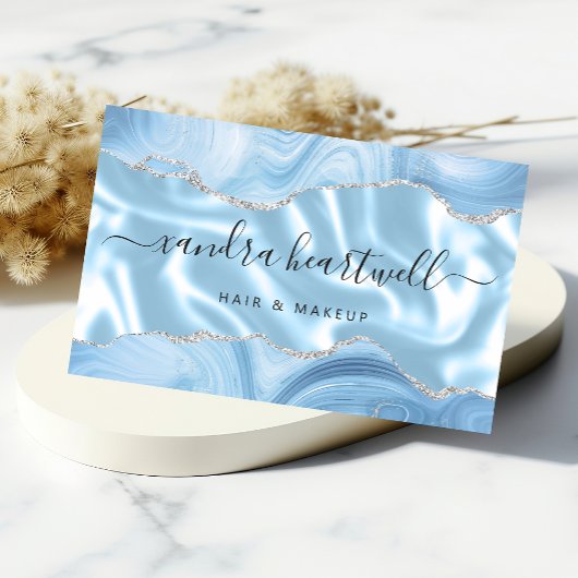 Pastel Blue Agaat Silver Glitter Luxe Visitekaartjes