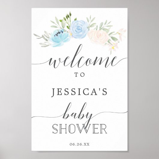Pastel Blue Baby shower Welcome Sign Poster (Voorkant)