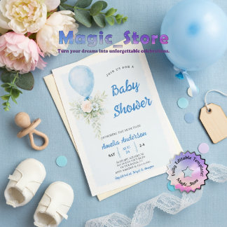 Pastel Blue Balloon Floral Watercoler Baby Shower  Kaart