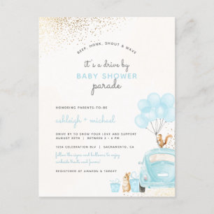 Pastel Blue Balloons Auto rijden door Boy Baby sho Uitnodiging Briefkaart