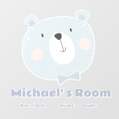 Pastel Blue Bear Face Text for Baby Room, Birth  Raamsticker (Vel)