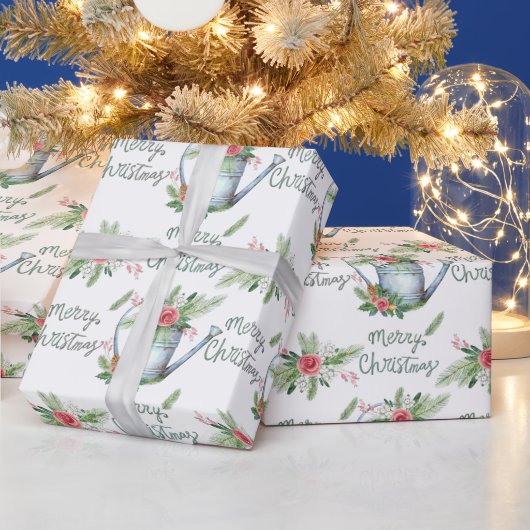 Pastel Blue Brush Script Merry KerstFloral Cadeaupapier (Feestdagen)