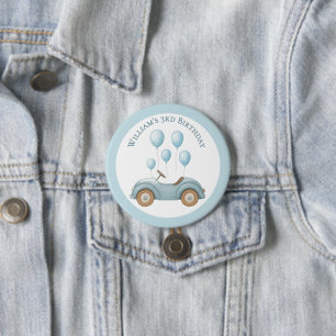 Pastel Blue Car & Balloons Verjaardagsfeest Button