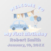  Pastel Blue Car with Balloons First Birthday Raamsticker (Vel)