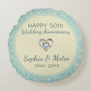 Pastel Blue en Cream Floral Damaskers Rond Kussen