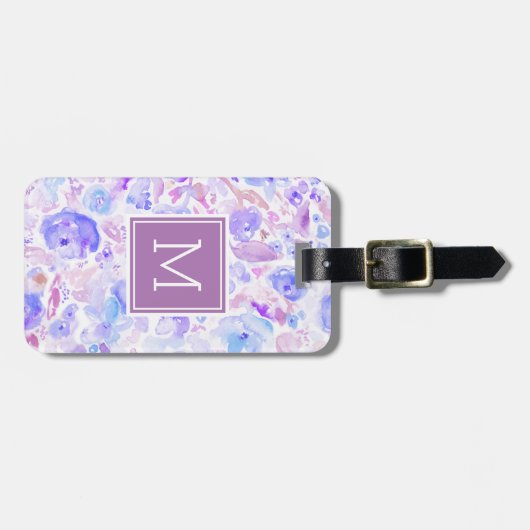 Pastel Blue en Paarse Floral Custom Monogramma Bagagelabel (Voorkant horizontaal)