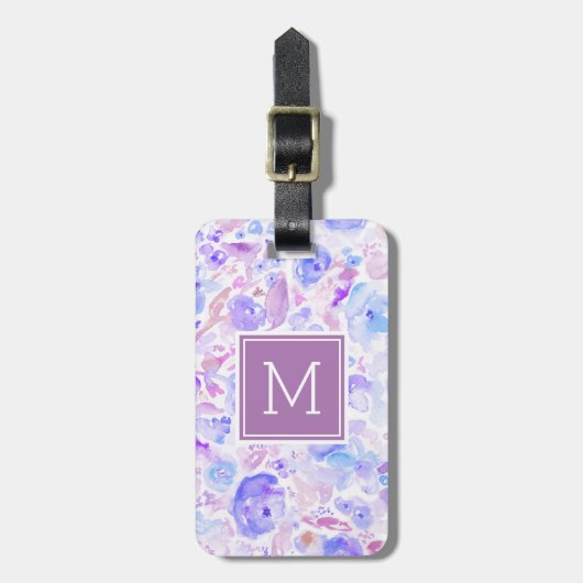 Pastel Blue en Paarse Floral Custom Monogramma Bagagelabel (Voorkant verticaal)