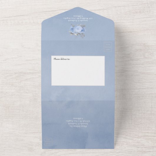 Pastel Blue en Silver  Roos Wedding All In One Uitnodiging (Buitenkant)