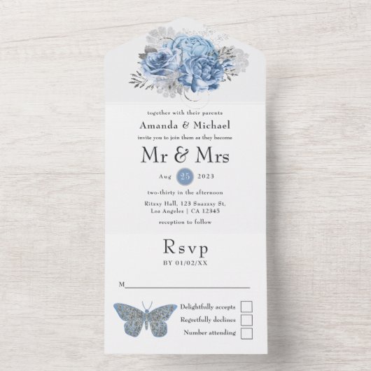 Pastel Blue en Silver  Roos Wedding All In One Uitnodiging (Binnen)