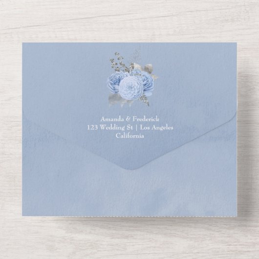 Pastel Blue en Silver  Roos Wedding All In One Uitnodiging (Achterkant)